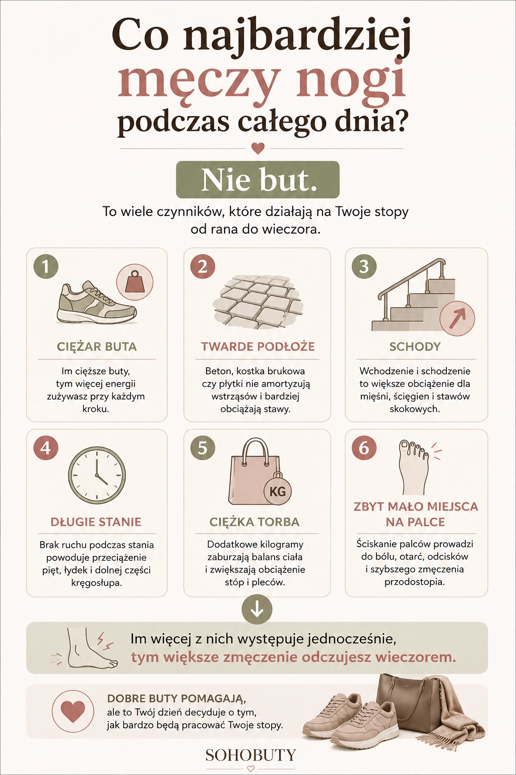  Infografika przedstawiająca najczęstsze przyczyny zmęczenia nóg podczas całego dnia – ciężkie buty, twarde podłoże, schody, długie stanie, ciężką torbę oraz zbyt mało miejsca na palce.