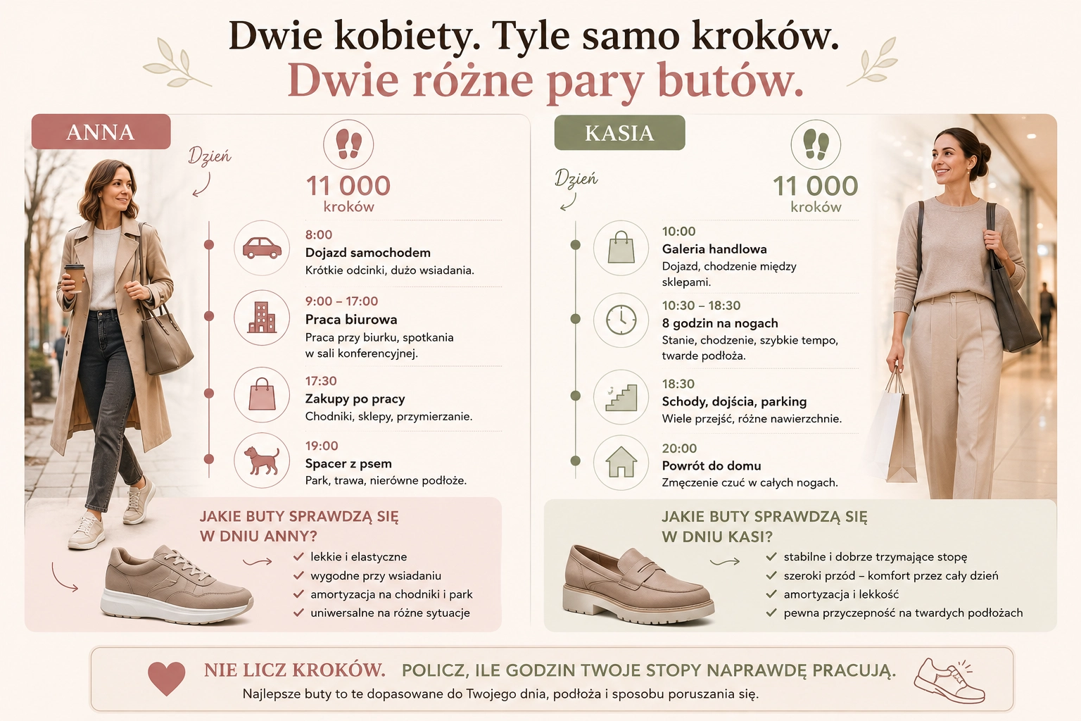  Infografika porównująca dwie kobiety wykonujące tyle samo kroków każdego dnia i pokazująca, dlaczego potrzebują różnych butów w zależności od sposobu pracy, podłoża i codziennych obowiązków.