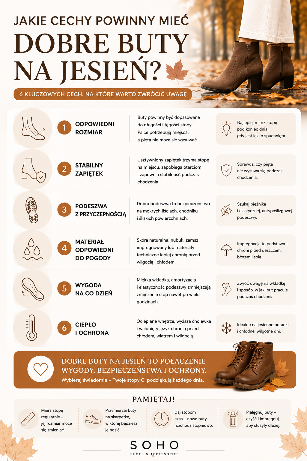  Jakie cechy powinny mieć dobre buty na jesień? Infografika pokazująca, na co zwrócić uwagę przy wyborze jesiennego obuwia – od dopasowania rozmiaru i przyczepności podeszwy po wygodę oraz materiał odpowiedni na chłodne i deszczowe dni.