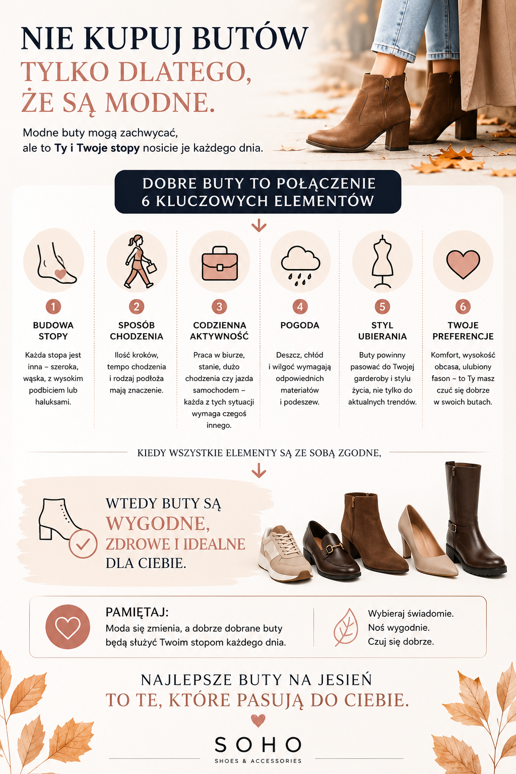  Jak wybrać buty na jesień? Infografika wyjaśniająca, dlaczego przy wyborze obuwia ważniejsze od mody są budowa stopy, codzienne potrzeby i odpowiednie dopasowanie.