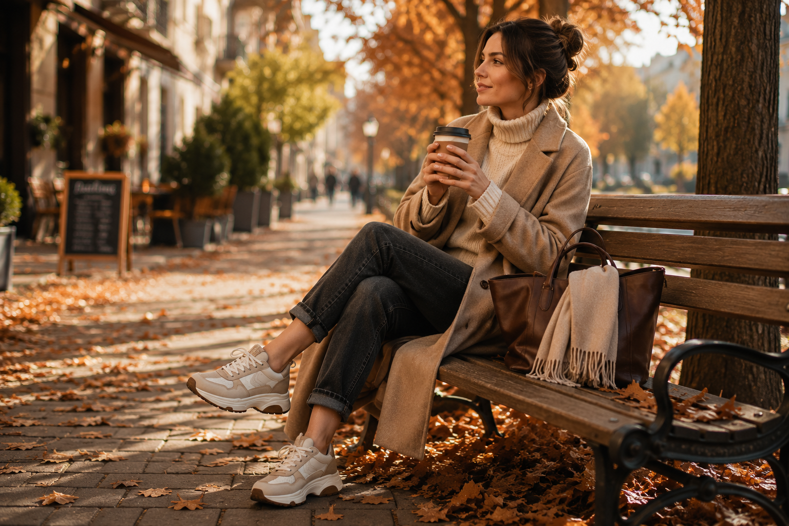  Kobieta odpoczywająca podczas jesiennego spaceru po mieście w wygodnych sneakersach, beżowym płaszczu i casualowej stylizacji. Lifestyle pokazujący wygodne buty damskie na jesień do codziennego noszenia.