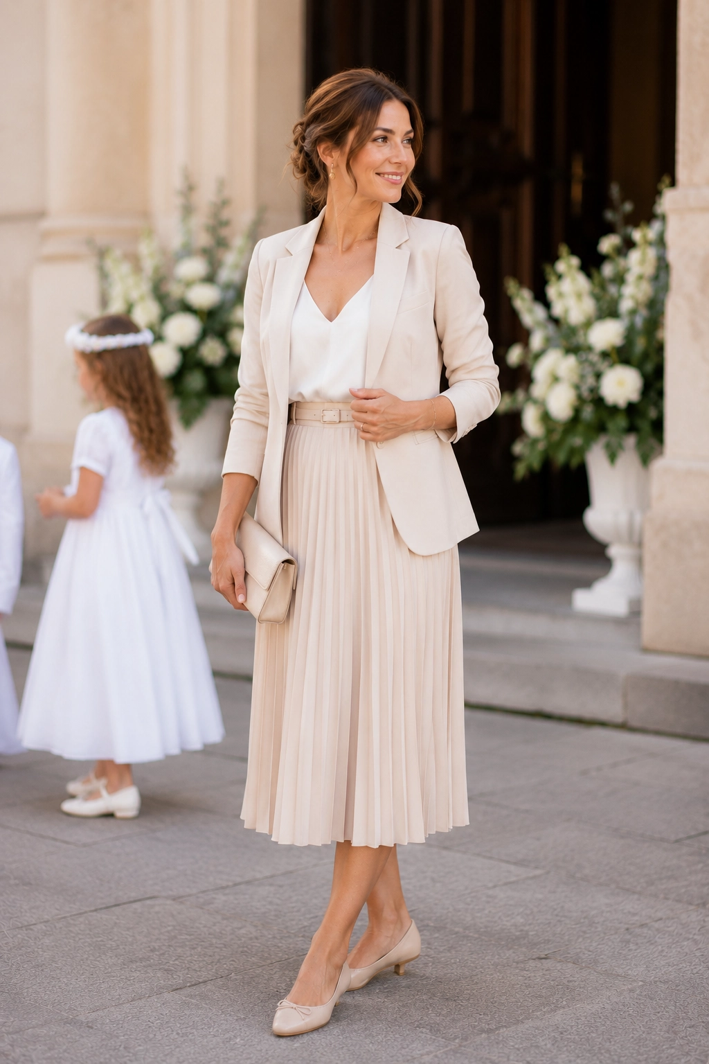  Elegancka_stylizacja_na_komunie_dla_mamy_-_bezowa_spodnica_plisowana__marynarka_i_czolenka_na_niskim_obcasie