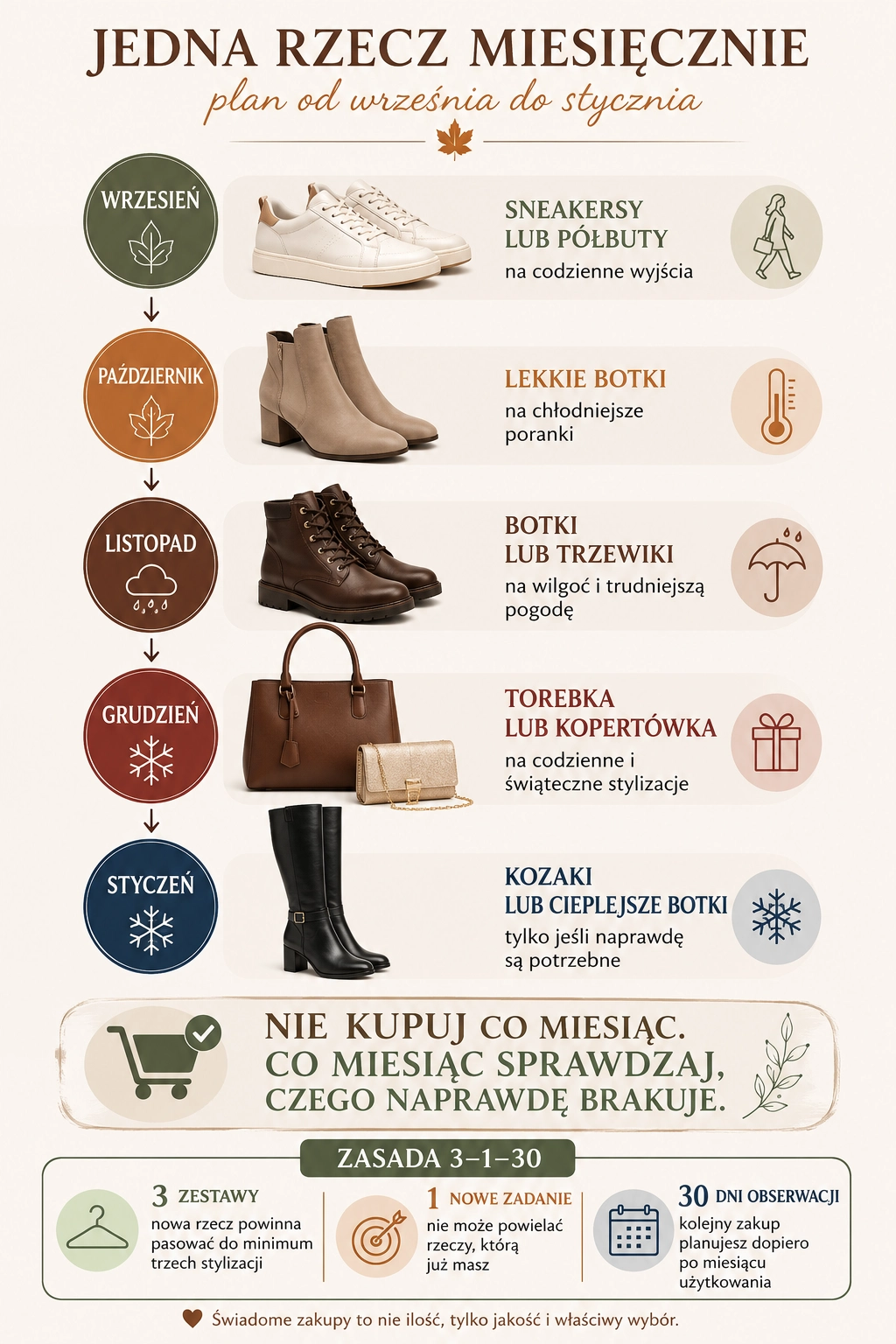  Plan budowania jesiennej garderoby po jednej rzeczy miesięcznie – praktyczna oś czasu od września do stycznia z propozycjami obuwia i torebek.