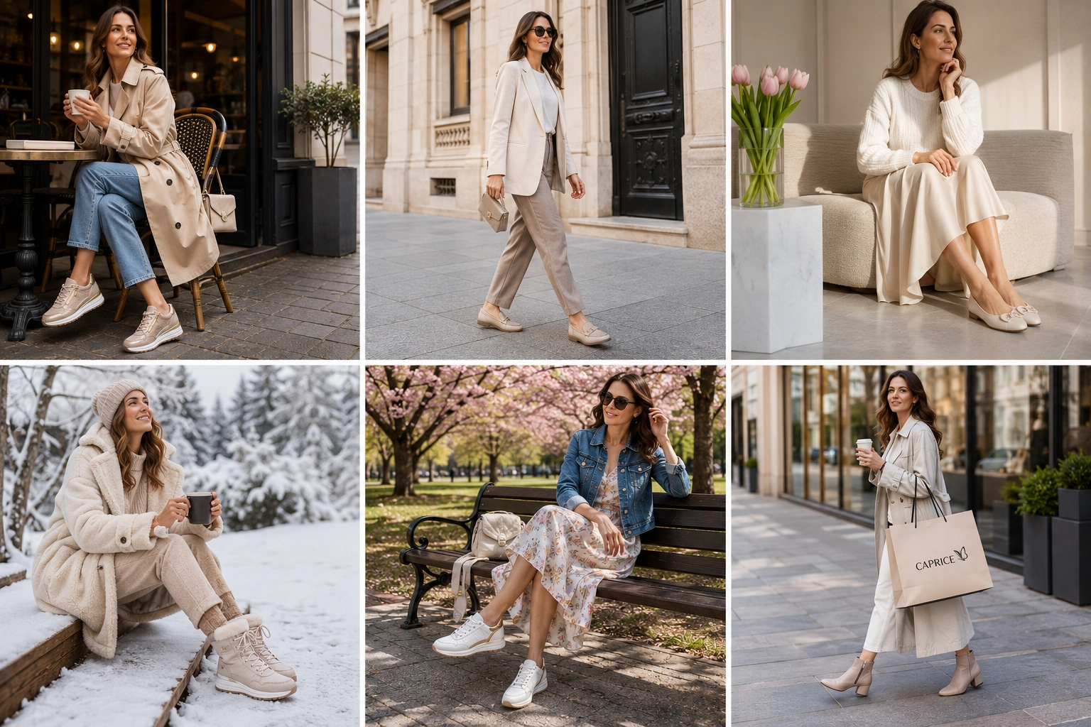  Kolaz_stylizacji_z_obuwiem_Caprice_na_rozne_pory_roku_-_modelka_w_sneakersach__sandalach__balerinach_i_sniegowcach_marki_Caprice.