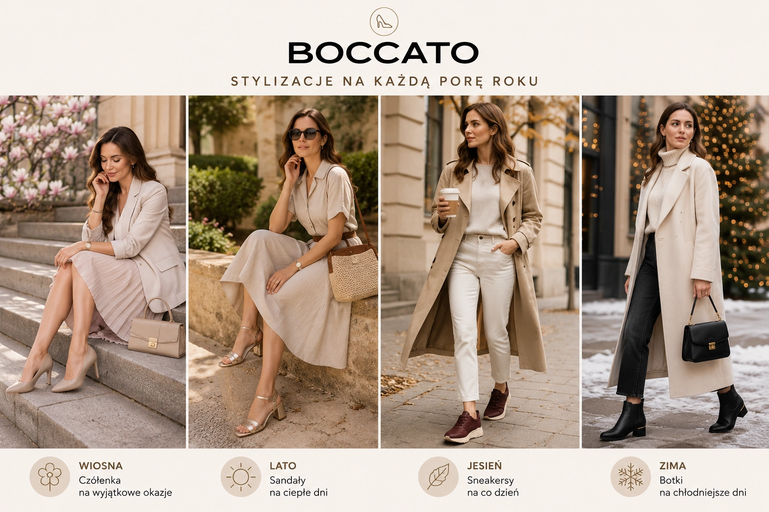 Stylizacje z butami Boccato – modelka w czółenkach, sneakersach, sandałach i botkach na różne pory roku