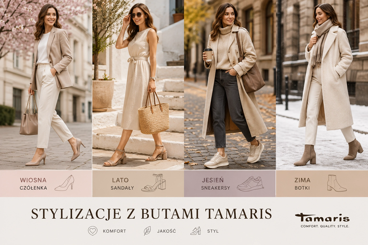 Stylizacje z butami Tamaris – modelka w czółenkach, sneakersach, sandałach i botkach na różne pory roku