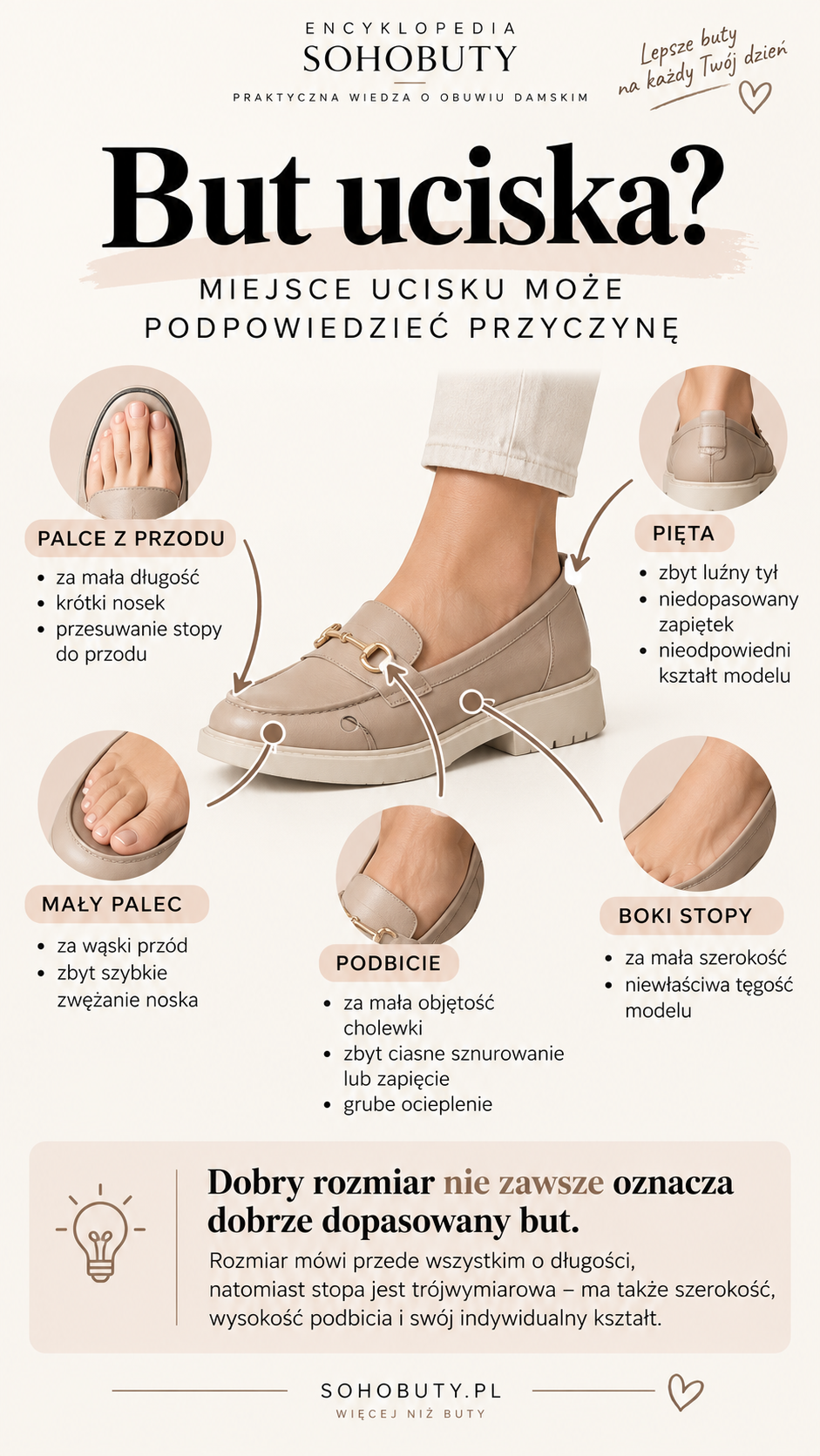 But uciska? Infografika pokazująca, co może oznaczać ucisk palców, małego palca, boków stopy, podbicia i pięty.