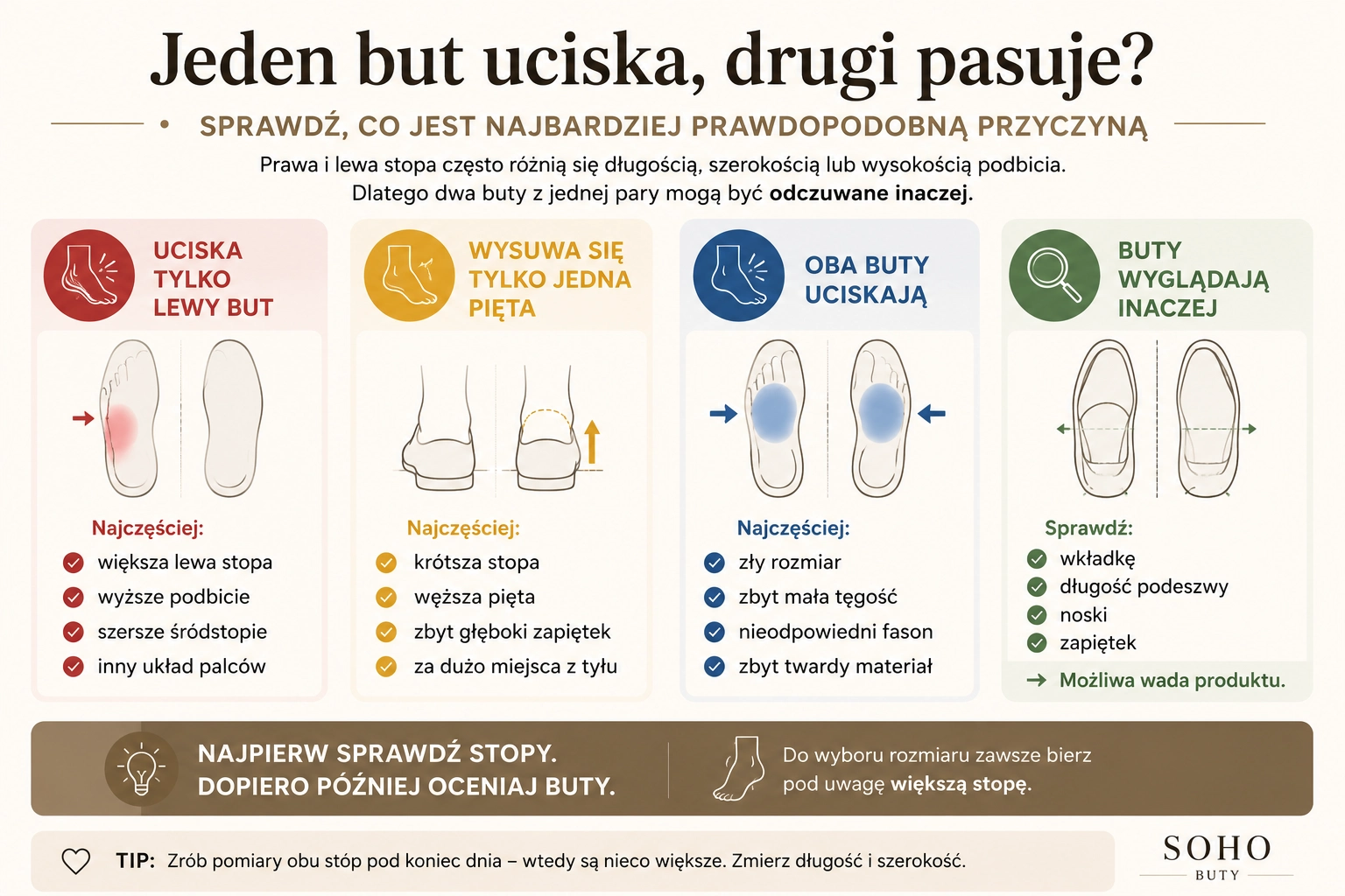  Infografika wyjaśniająca, dlaczego jeden but pasuje, a drugi uciska oraz jakie są najczęstsze przyczyny różnic między prawą i lewą stopą.