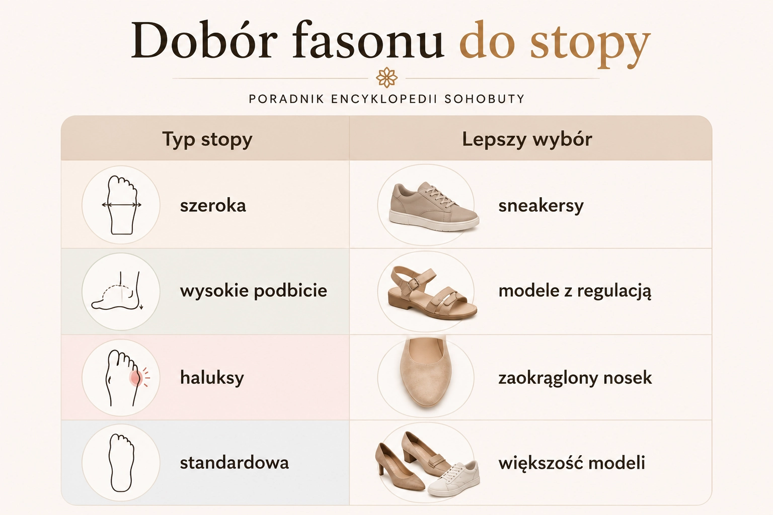 Dobór fasonu Bombonella do stopy – infografika poradnika SohoButy