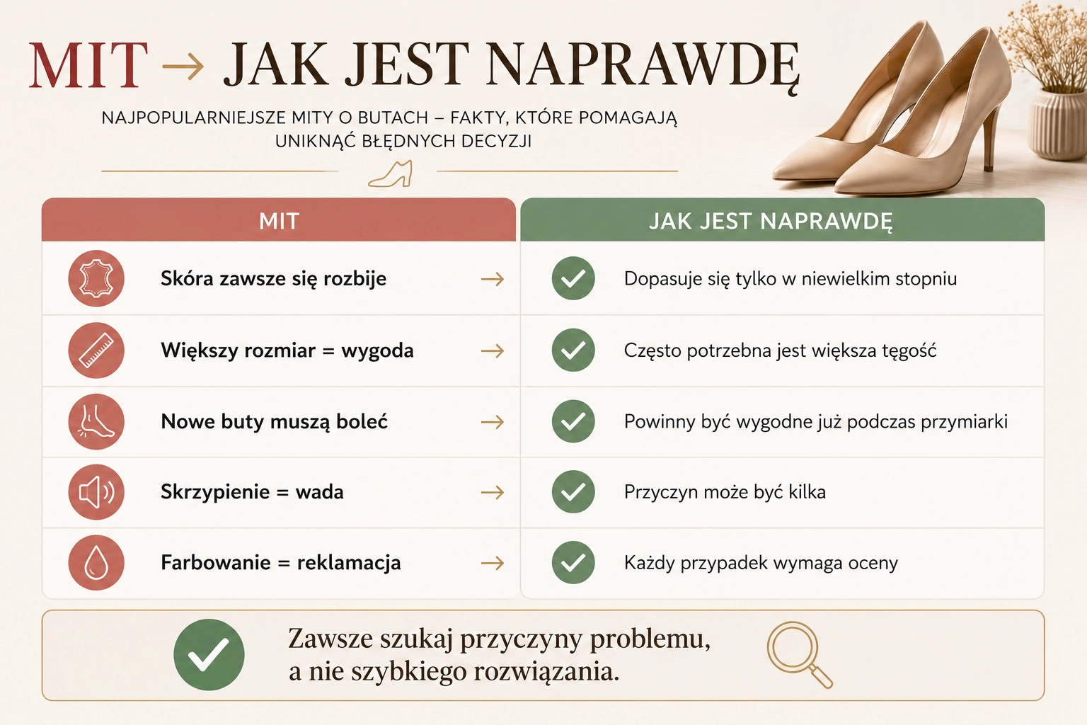 Mity o butach – porównanie najczęstszych mitów z faktami dotyczącymi dopasowania, reklamacji i użytkowania obuwia.