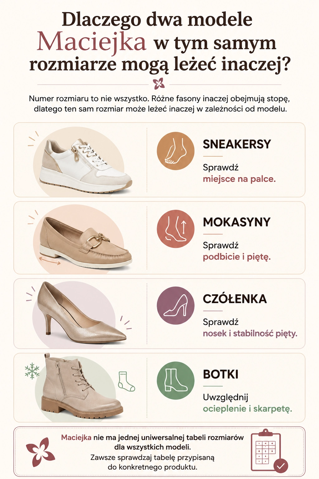 Dlaczego dwa modele butów Maciejka w tym samym rozmiarze mogą leżeć inaczej – porównanie sneakersów, mokasynów, czółenek i botków