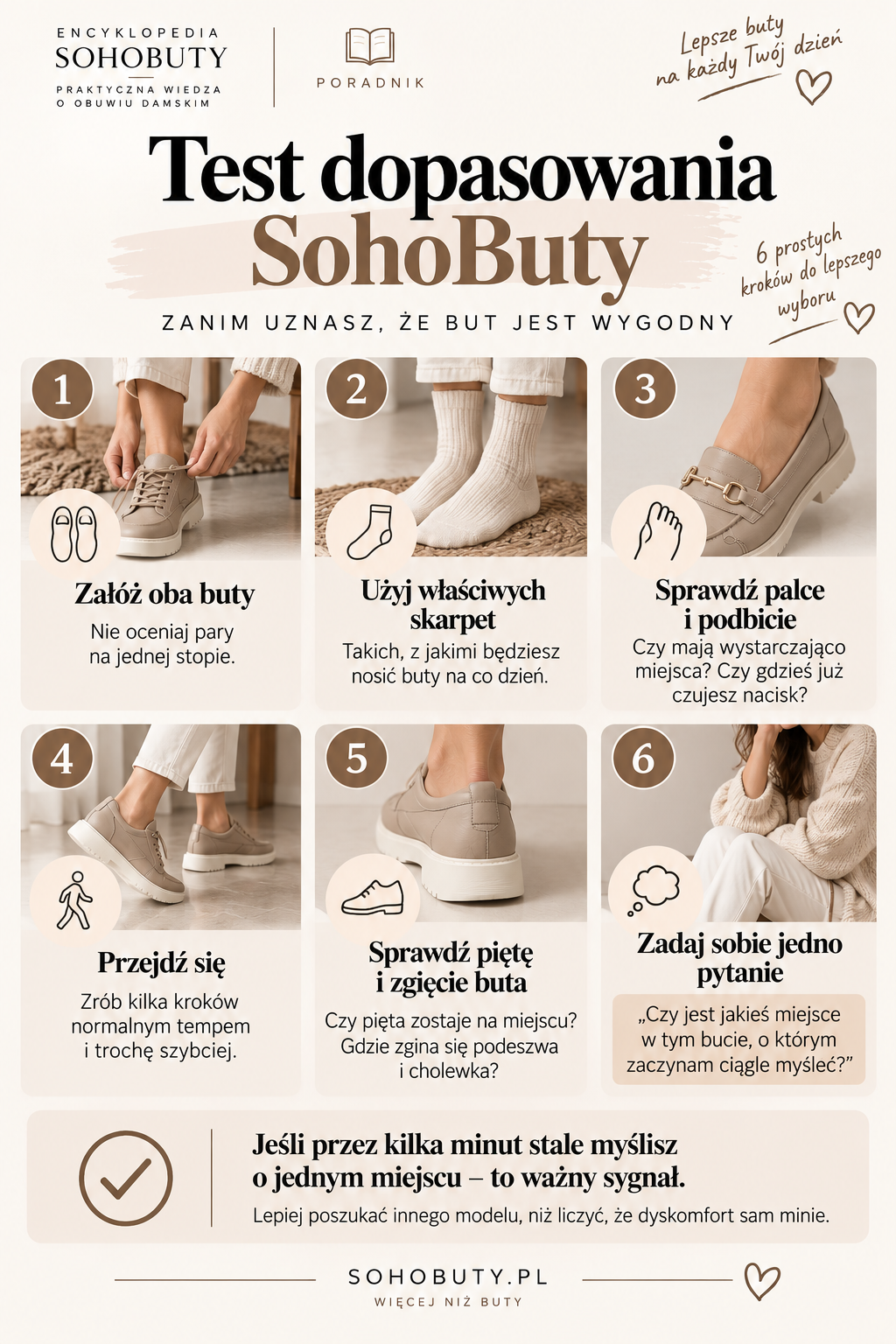 Test dopasowania butów SohoButy – 6 kroków, jak sprawdzić palce, podbicie, piętę i wygodę butów podczas przymiarki.