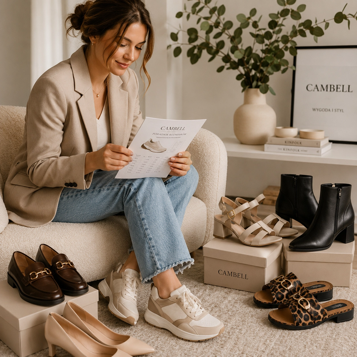  Kobieta porównuje rozmiar butów Cambell przed zakupem online, sprawdzając pomiar stopy i wybrany model