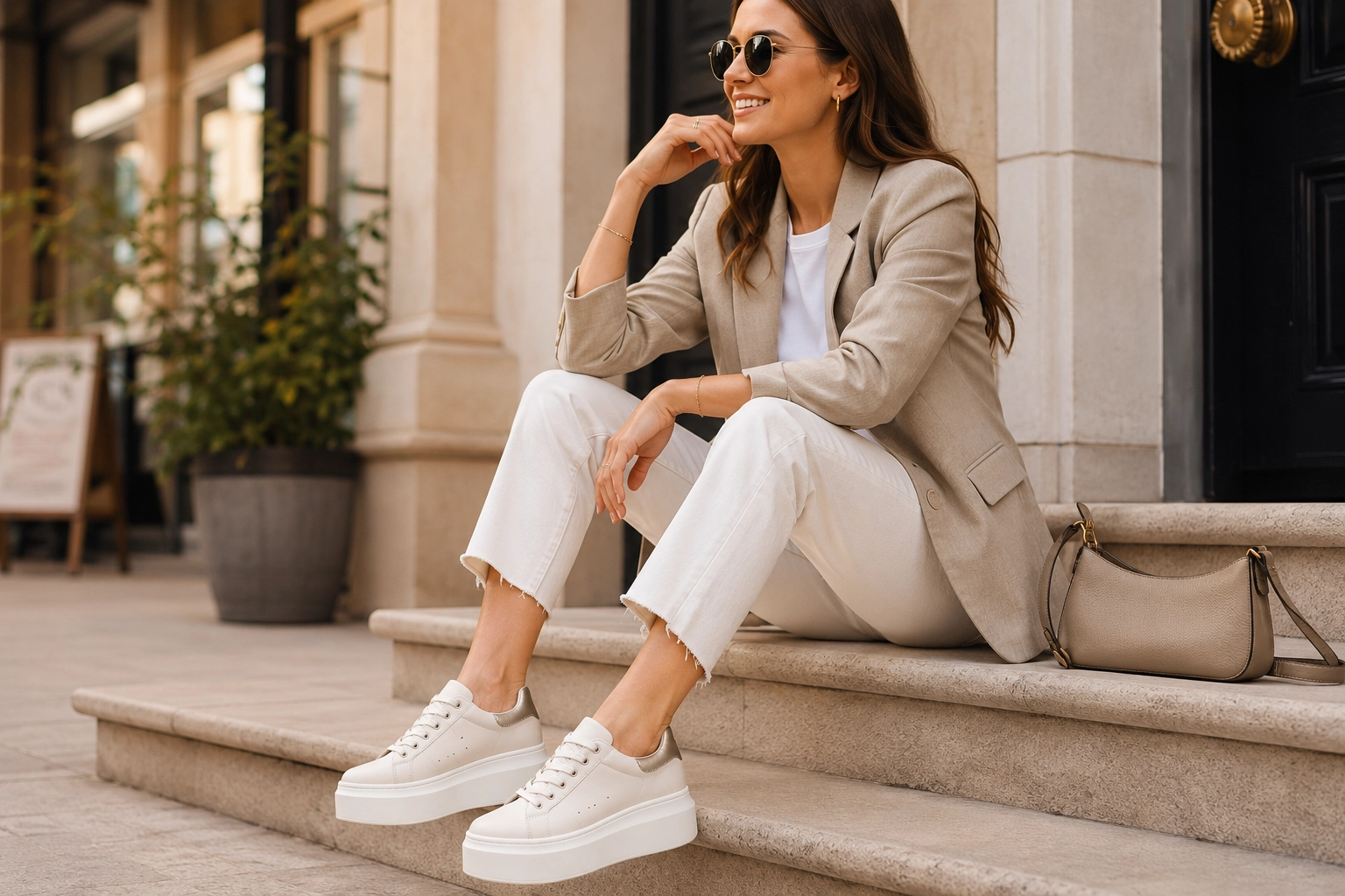  Kobieta_w_bialych_sneakersach_na_platformie_siedzaca_na_schodach_-_elegancka_miejska_stylizacja_z_wygodnymi_butami_damskimi