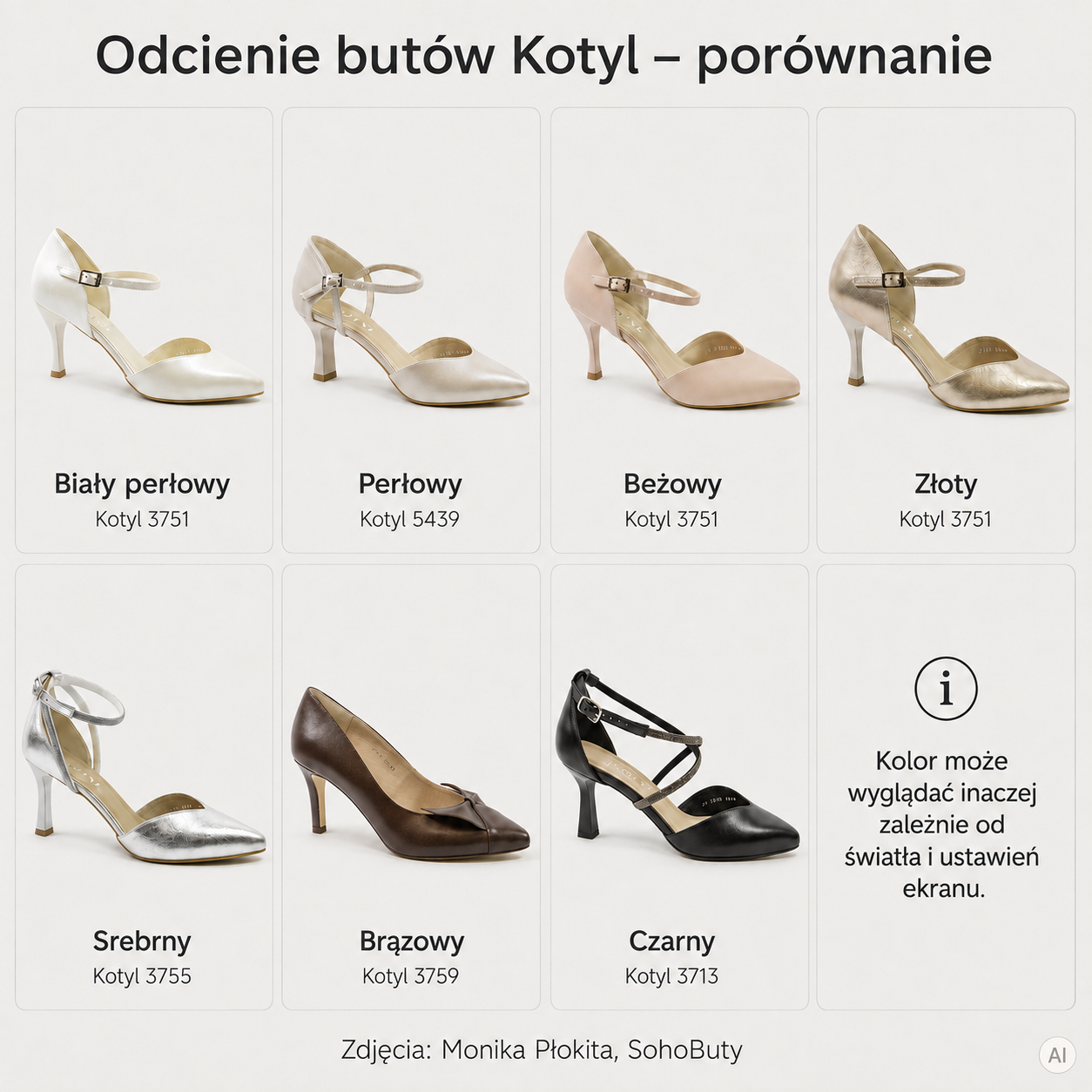 Porównanie kolorów butów Kotyl – biały perłowy, perłowy, beżowy, złoty, srebrny, brązowy i czarny