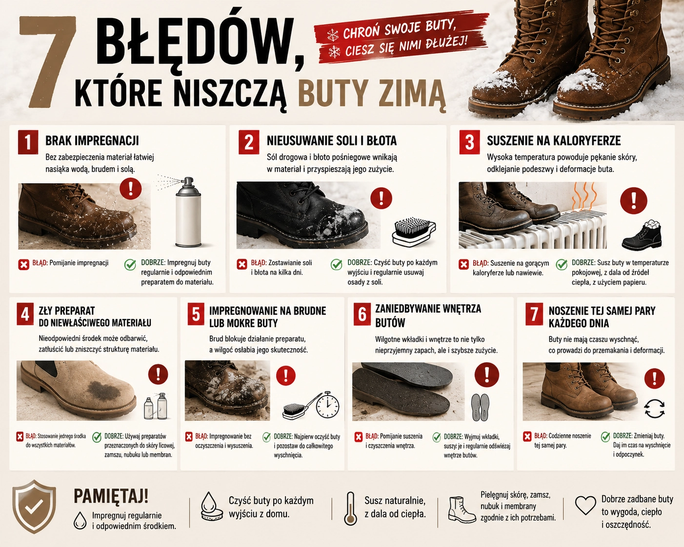 7 błędów, które niszczą buty zimą – infografika o impregnacji, usuwaniu soli, prawidłowym suszeniu i pielęgnacji obuwia.