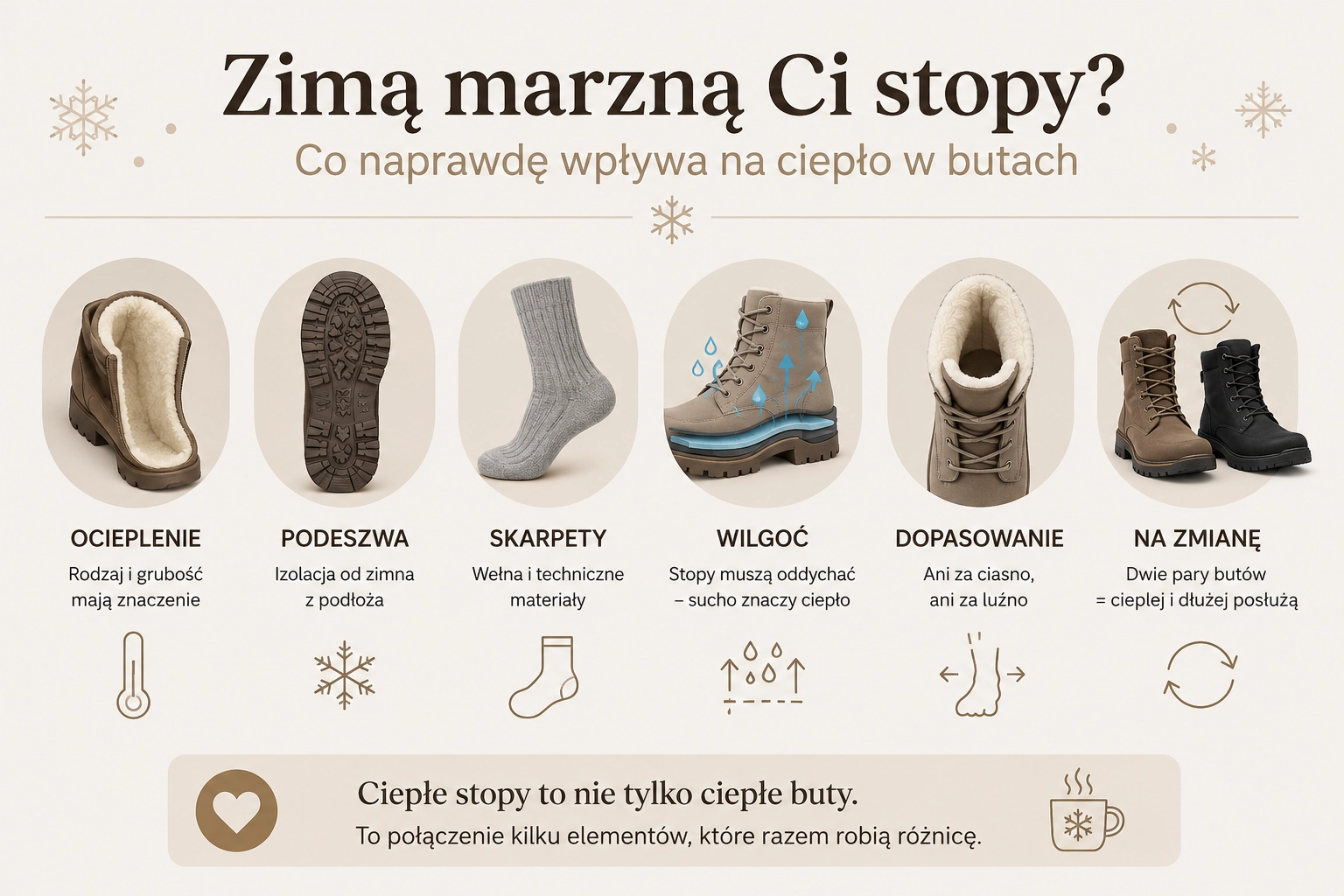 Co wpływa na ciepło w butach zimą? Infografika pokazująca znaczenie ocieplenia, podeszwy, skarpet, wilgoci i odpowiedniego dopasowania obuwia.