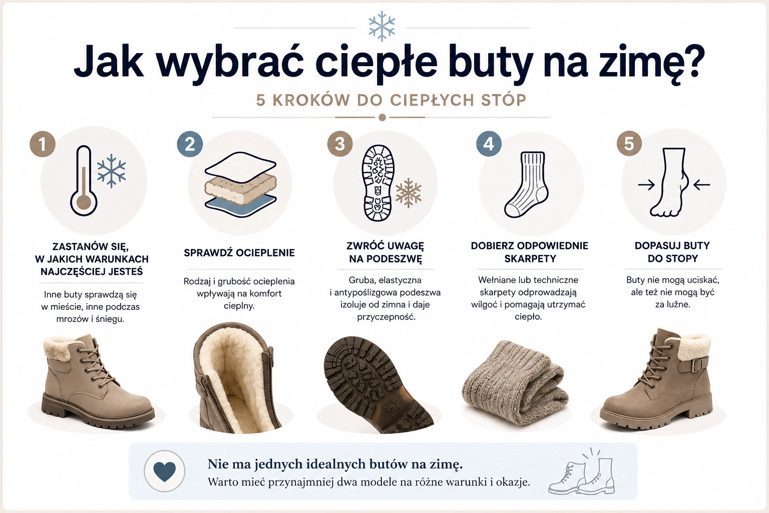 Jak wybrać ciepłe buty na zimę? Infografika pokazująca 5 kroków: warunki użytkowania, ocieplenie, podeszwę, skarpety i dopasowanie butów do stopy.