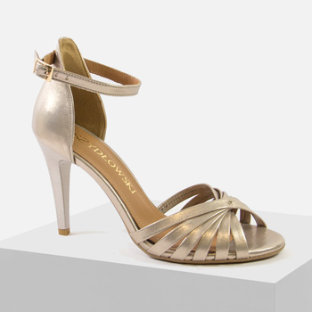 Sandały damskie SZYDŁOWSKI Eleganckie szpilki skórzane złote na obcasie