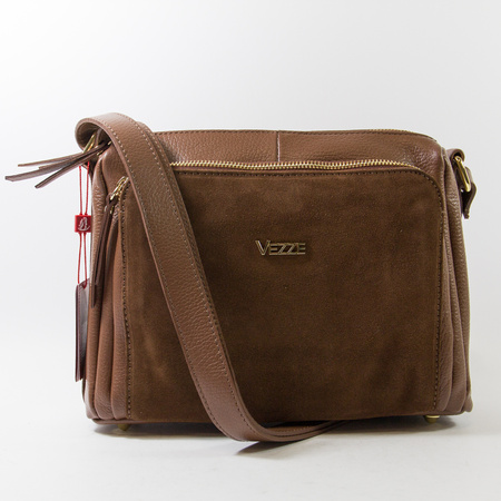 Torebka damska VEZZE Listonoszka Skórzana Brązowa Trzykomorowa V002