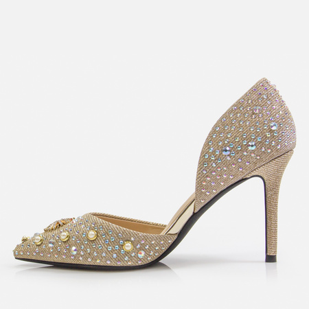 Złote szpilki eleganckie czółenka na ślub wesele z cyrkoniami i perełkami MOLO