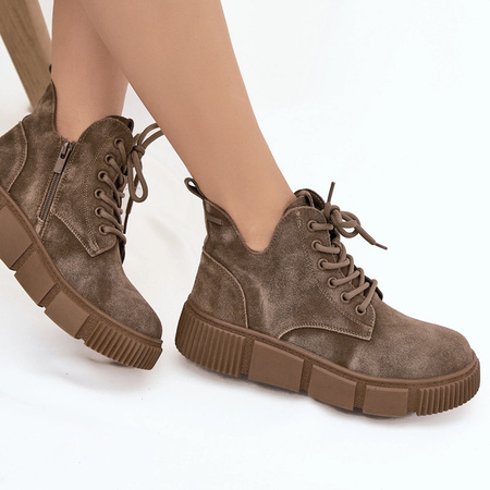 Botki damskie BIG STAR Trapery skórzane zamszowe ocieplane khaki 274595