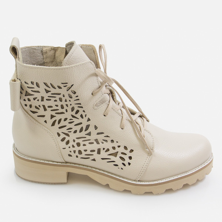 Botki damskie BIZZARRO Ażurowe Trapery Beżowe Skórzane Trzewiki 2011/L