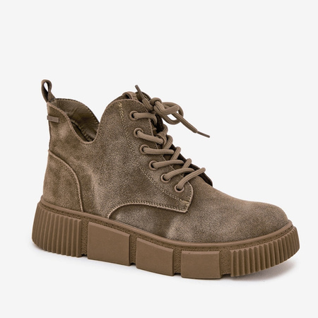 Botki damskie BIG STAR Trapery skórzane zamszowe ocieplane khaki 274595