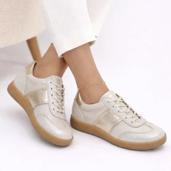 Caprice 23758 półbuty damskie sneakersy perłowy beż złoto skóra jelenia