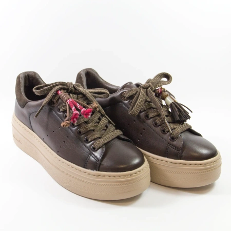 Tamaris 23775 brązowe sneakersy damskie skórzane na platformie mocca