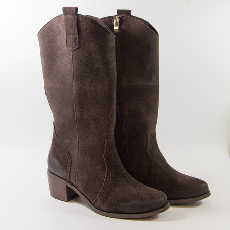 Kozaki damskie LEWSKI 3170 Welurowe skórzane Zamszowe brązowe