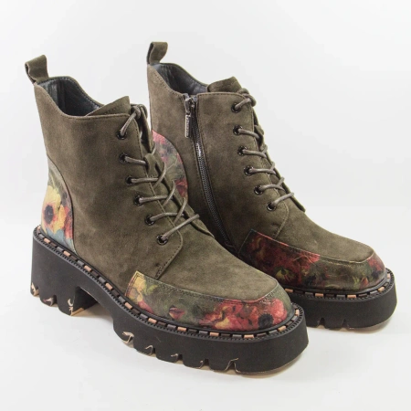 Artiker 59C0250 Botki damskie skórzane zamszowe khaki w kwiaty