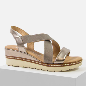 Sandały damskie MARCO TOZZI Skórzane brązowe mataliczne na koturnie 28721