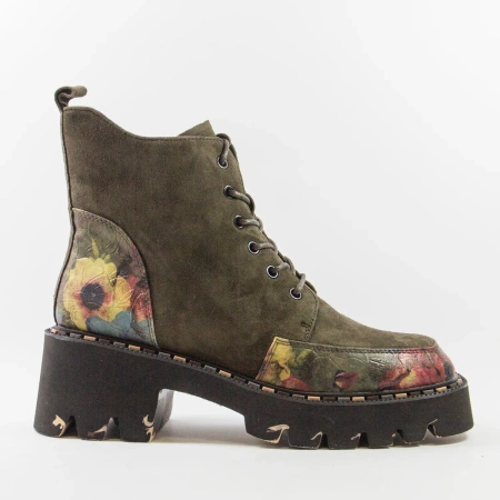 Artiker 59C0250 Botki damskie skórzane zamszowe khaki w kwiaty