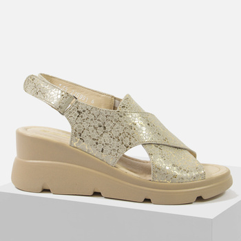 Sandały damskie SOHO 125-991 Skórzane beżowe złote na koturnie