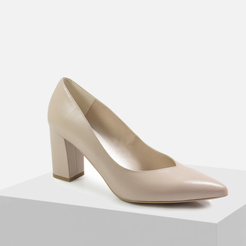 Czółenka damskie KOTYL 3717 Beżowe Skórzane na Klocku Wizytowe