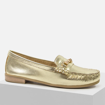 Mokasyny damskie MARCO TOZZI Złote skórzane półbuty wsuwane z ozdoba 24207