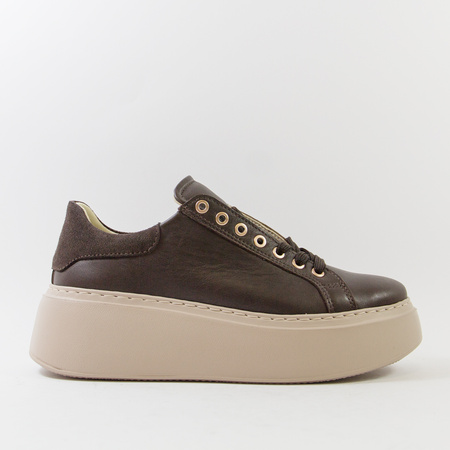 Półbuty damskie KAMPA Brązowe Sneakersy Skórzane na platformie 1286