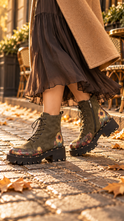 Artiker 59C0250 Botki damskie skórzane zamszowe khaki w kwiaty