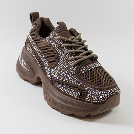 Sneakersy damskie brązowe półbuty na platformie z cyrkoniami