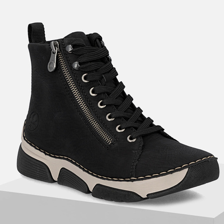 Botki damskie RIEKER Czarne trzewiki Sneakersy ocieplane ANTISTRESS  