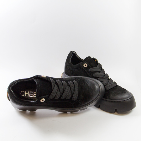 Półbuty damskie CHEBELLO Skórzane zamszowe Czarne sneakersy 4632
