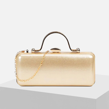 Złota wieczorowa kopertówka Puzderko wizytowe z Rączką Wykończona Cyrkoniami i Łańcuszkiem