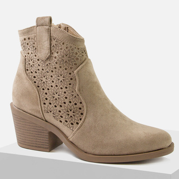 Botki damskie S.BARSKI Beżowe ażurowe Zamszowe nieocieplane Kowbojki 529
