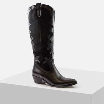 Kozaki damskie SIMEN Skórzane czarne Kowbojki do kolan na obcasie 7187A