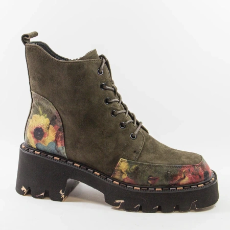 Artiker 59C0250 Botki damskie skórzane zamszowe khaki w kwiaty