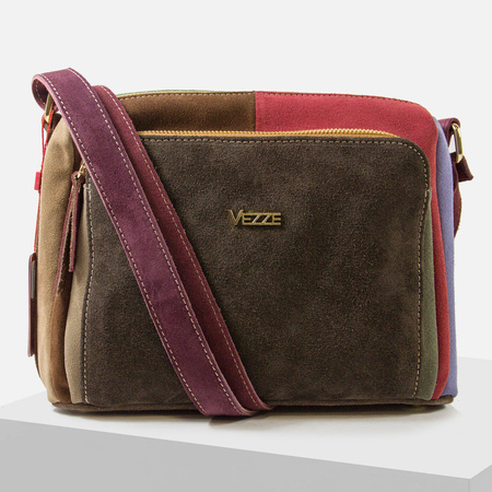 Torebka damska VEZZE Listonoszka Skórzana Kolorowa Zamszowa Trzykomorowa V003