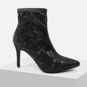 Botki damskie S.BARSKI Czarne skarpetkowe z cyrkoniami Szpilki Wsuwane