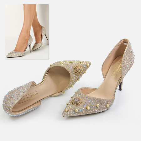 Złote szpilki eleganckie czółenka na ślub wesele z cyrkoniami i perełkami MOLO