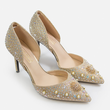 Złote szpilki eleganckie czółenka na ślub wesele z cyrkoniami i perełkami MOLO